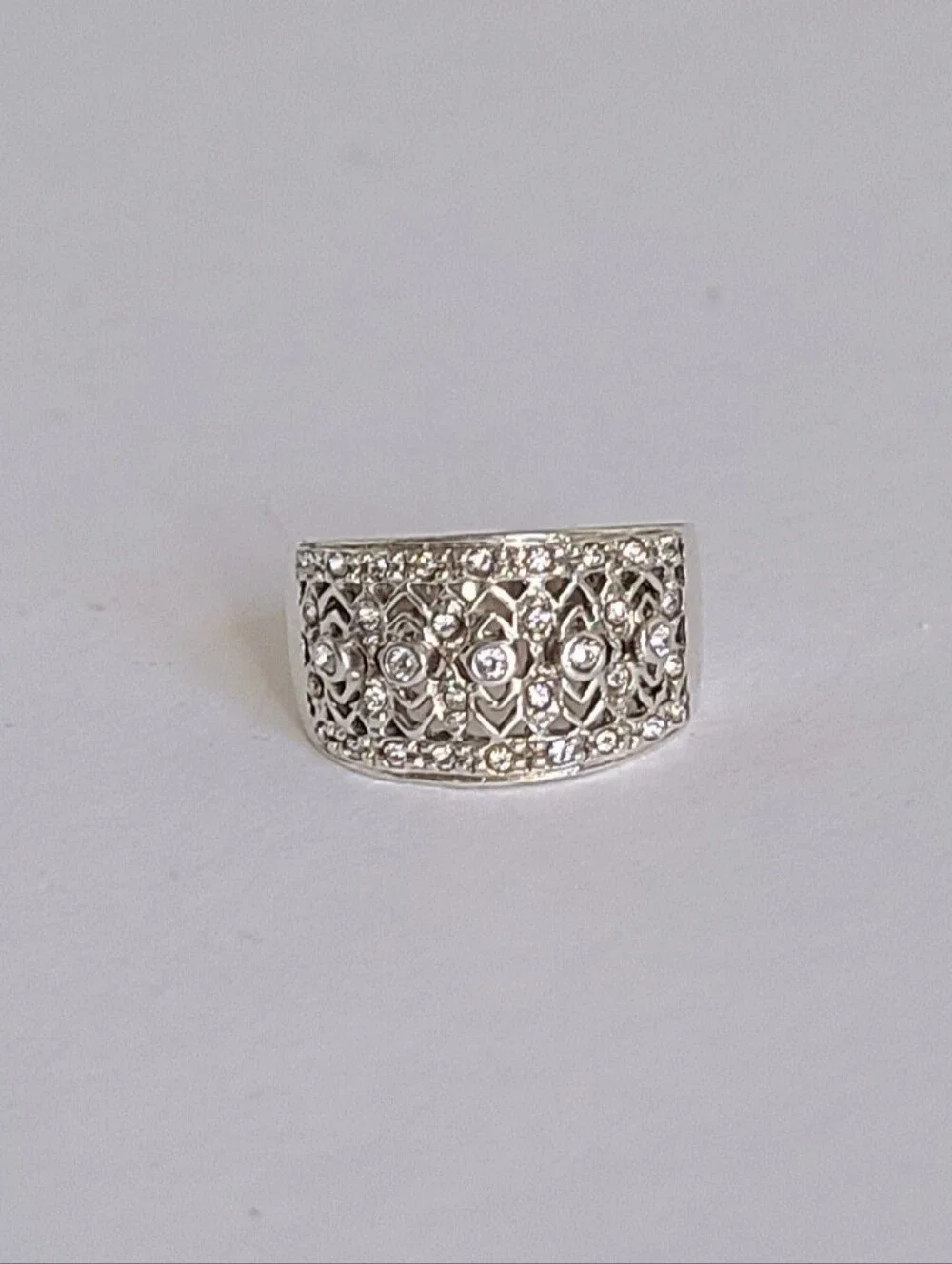 Elegant Sterling Silver CZ Rhinestone Crystal Filigree Chunky Wide Band Ring 6 - Picture 5 of 15